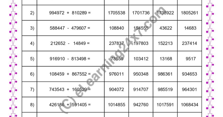 Mixed Sums of 6-Digits With Carry Or Borrow MCQs