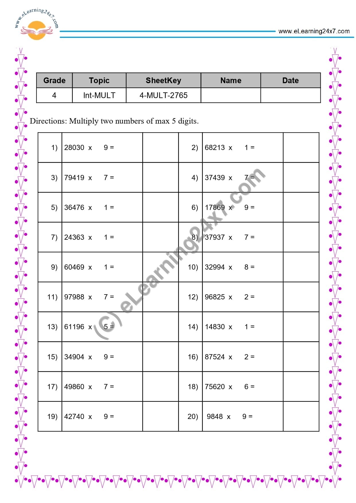 Grade 4, Maths, Multiplication - 5 Digits Number With Single Digit Number, printable PDF, instant download