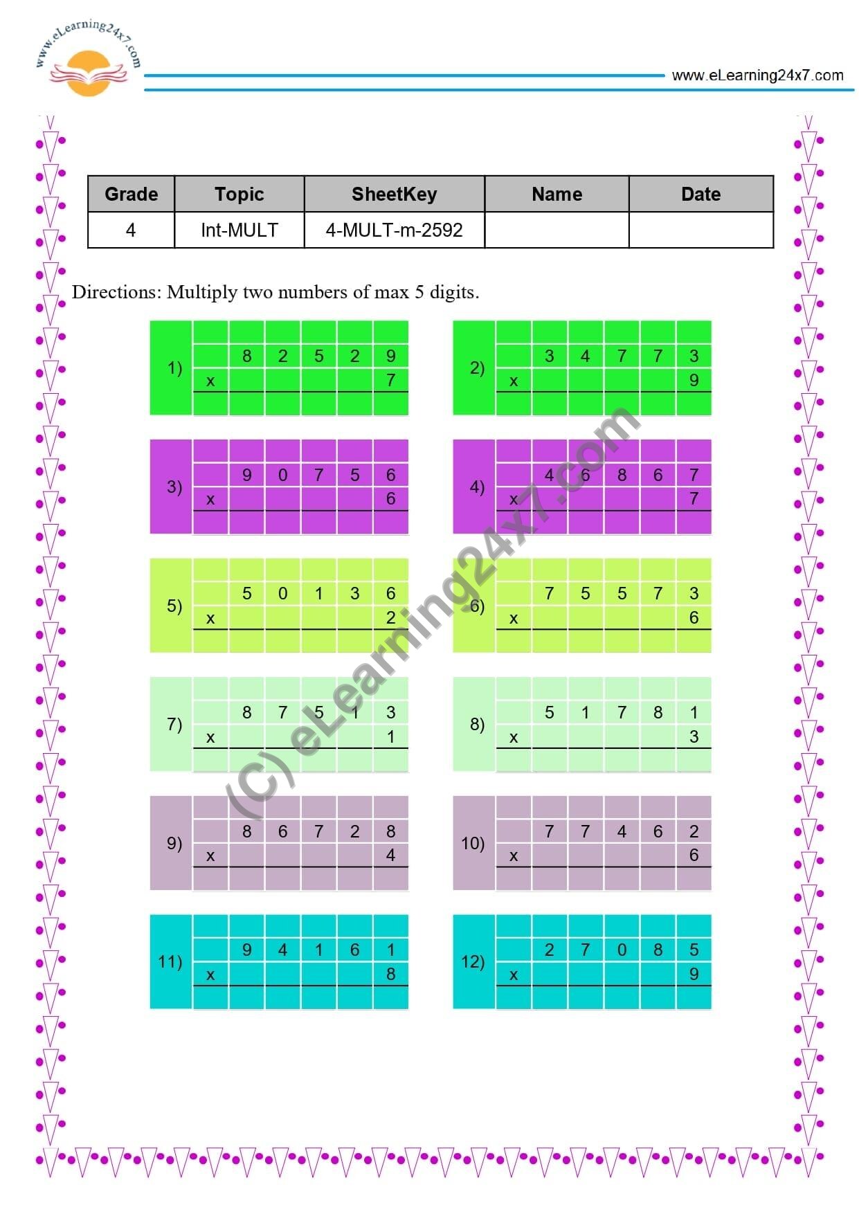 Grade 4, Maths, Multiplication - 5 Digits Number With Single Digit Number, printable PDF, instant download