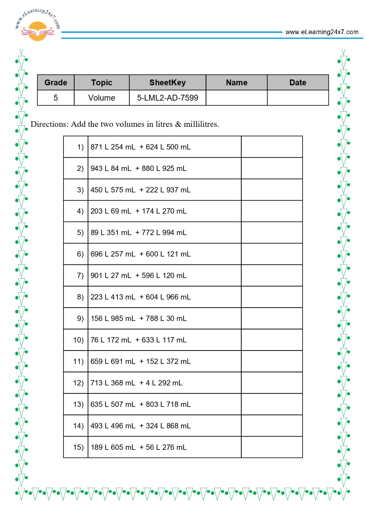 Grade 5 Volume Addition