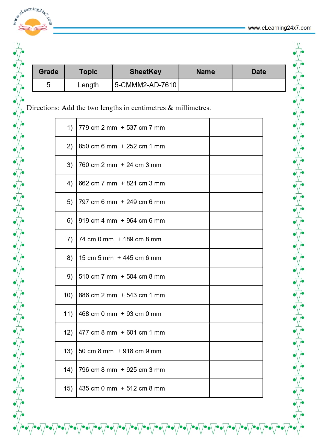 Grade 5 Length Addition