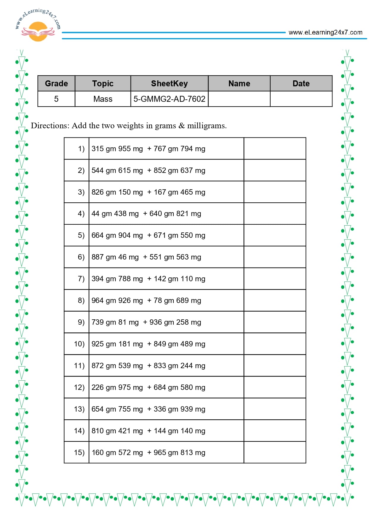 Grade 5 Weight Addition