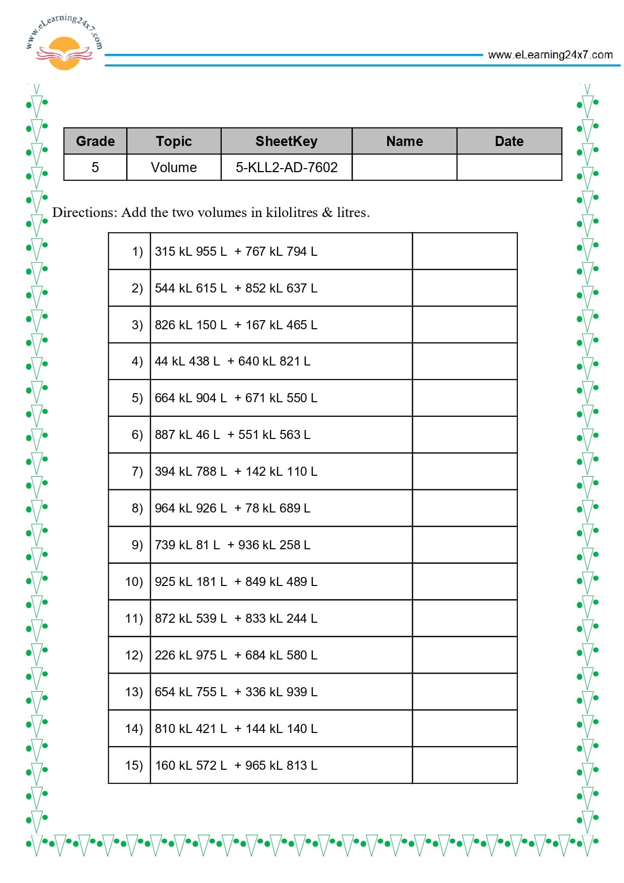 Grade 5 Volume Addition