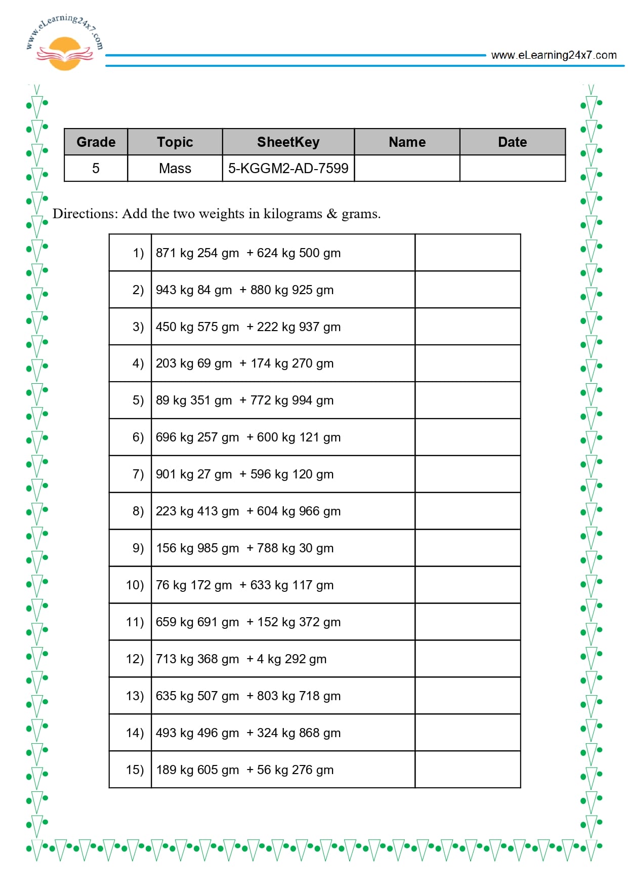 Grade 5 Weight Addition