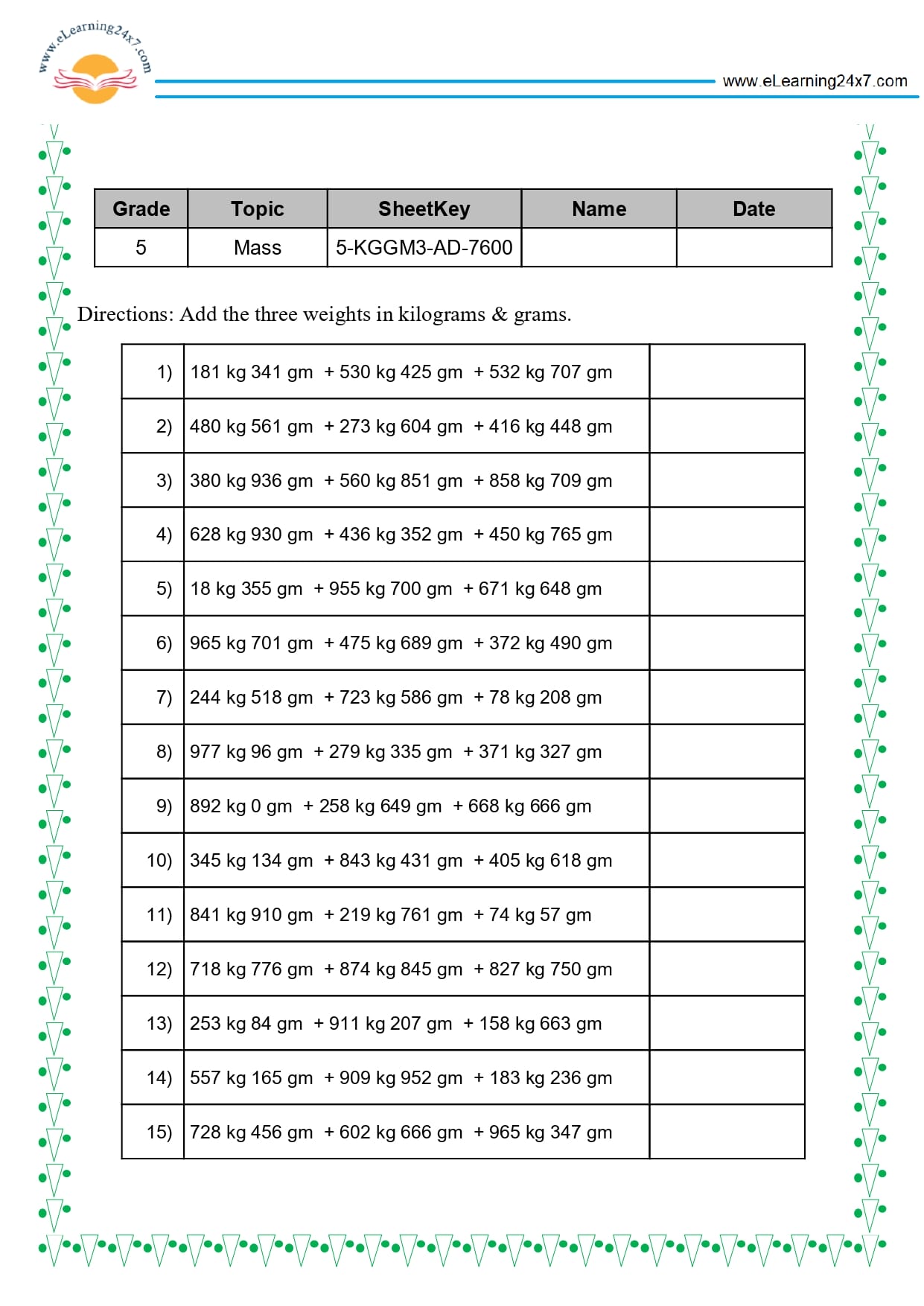 Grade 5 Weight Addition