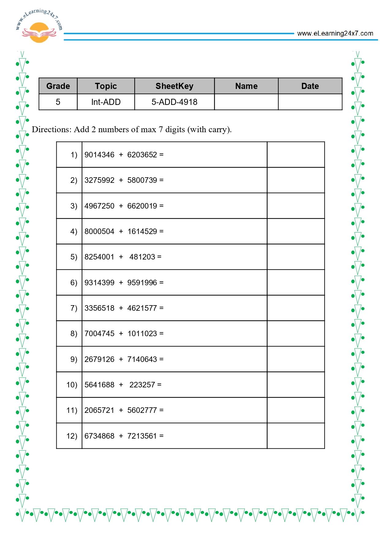 Grade 5 Addition of 2 7-digits Numbers With Carry