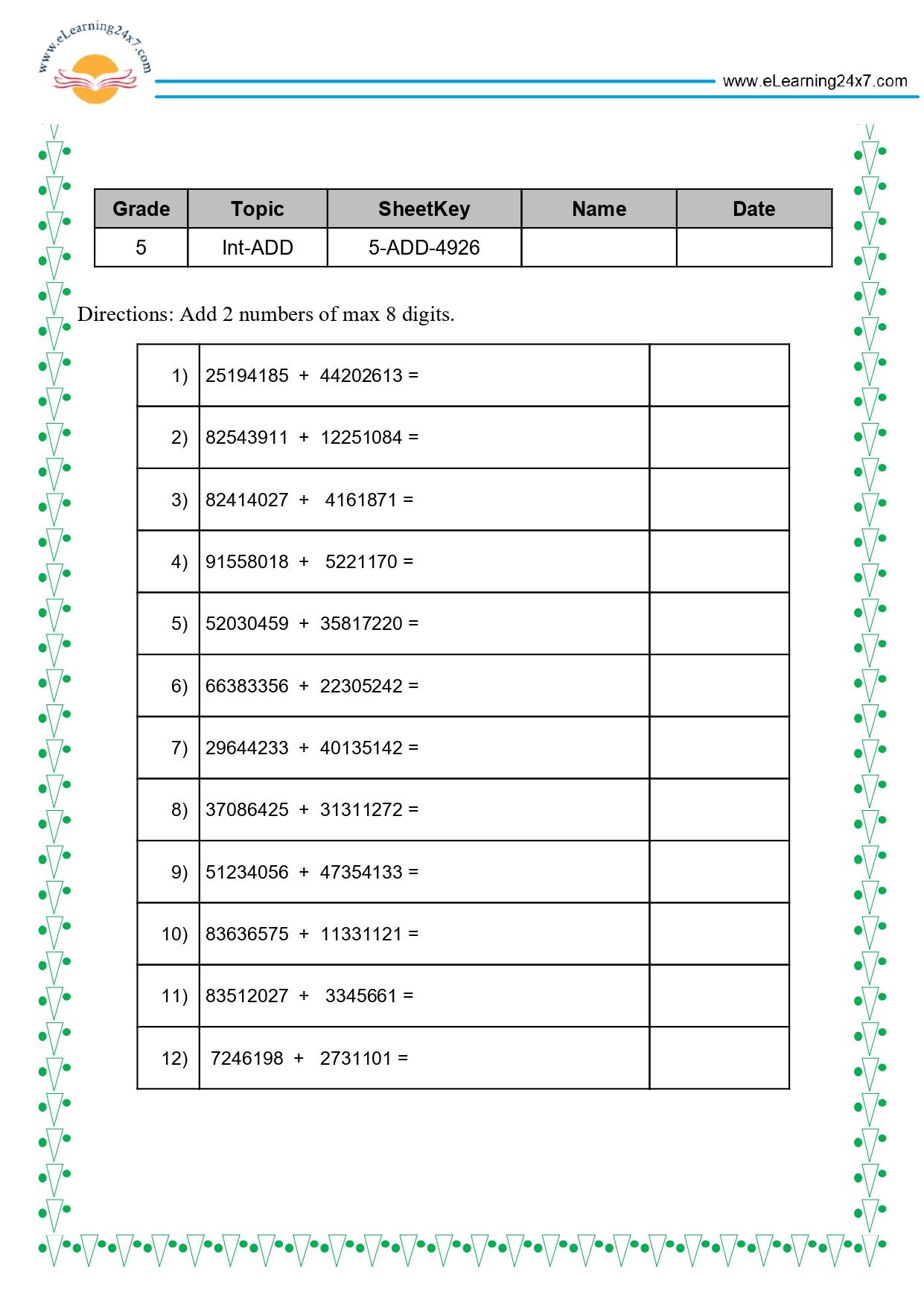 Grade 5 Addition of 2 8-digits Numbers