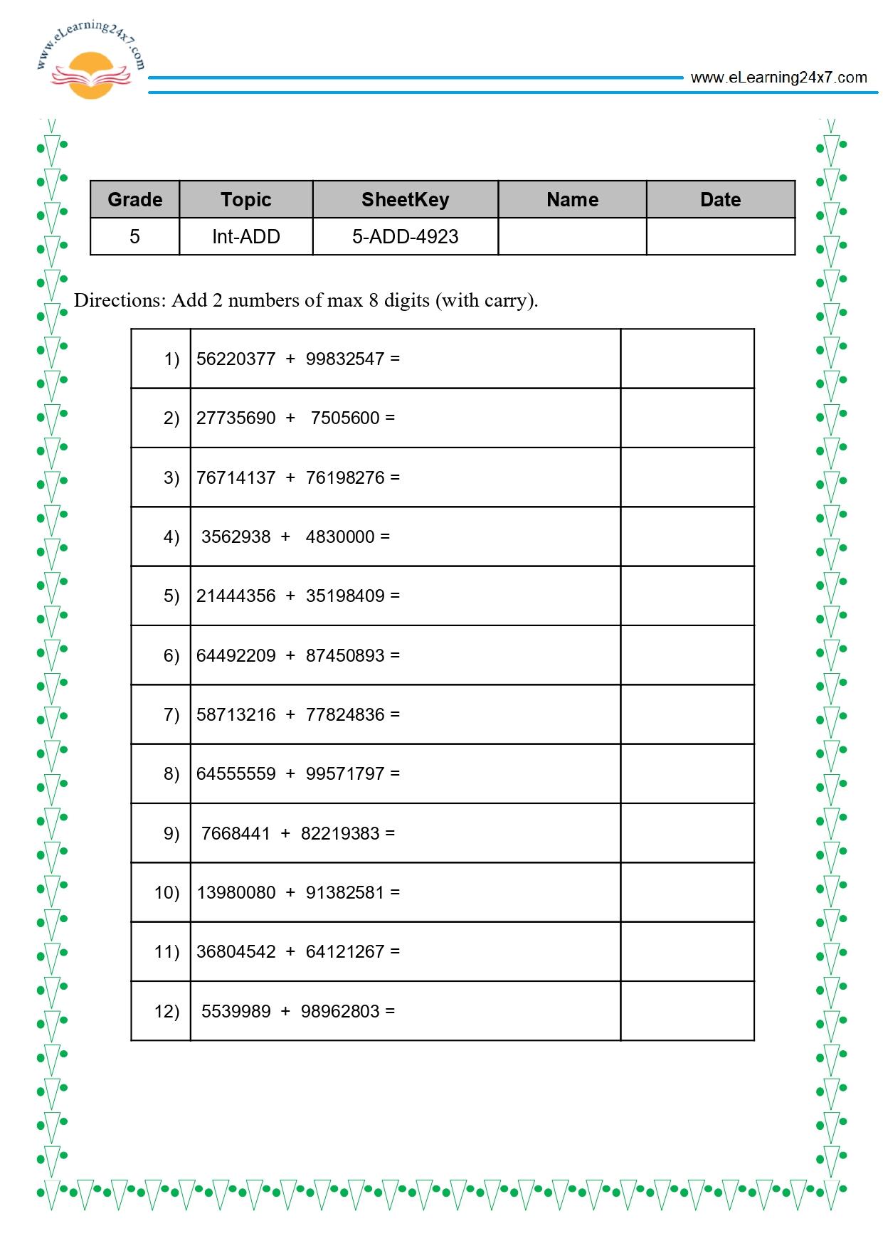 Grade5 Addition of 2 8-digits Numbers With Carry