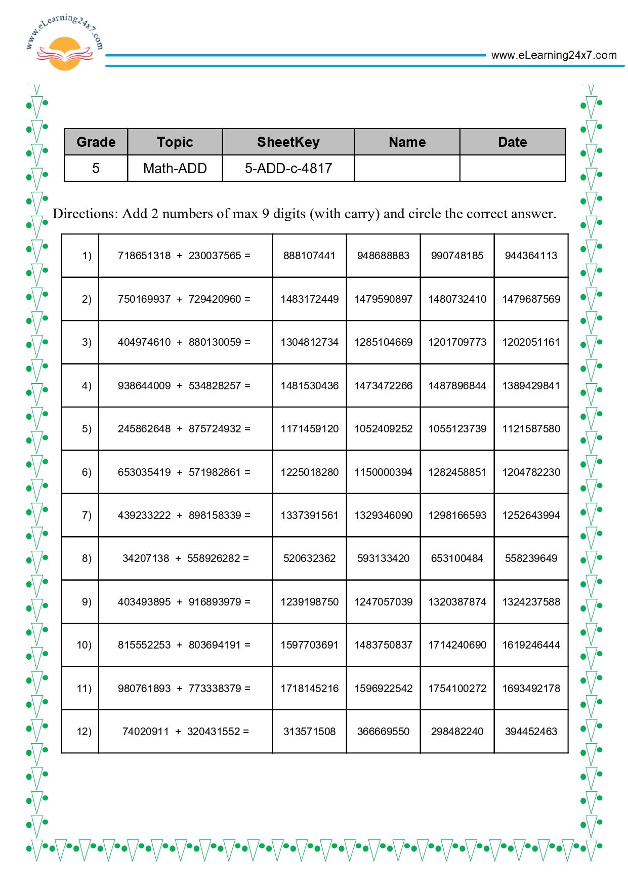 Grade 5 Addition of 2 9-digits Numbers MCQ with carry