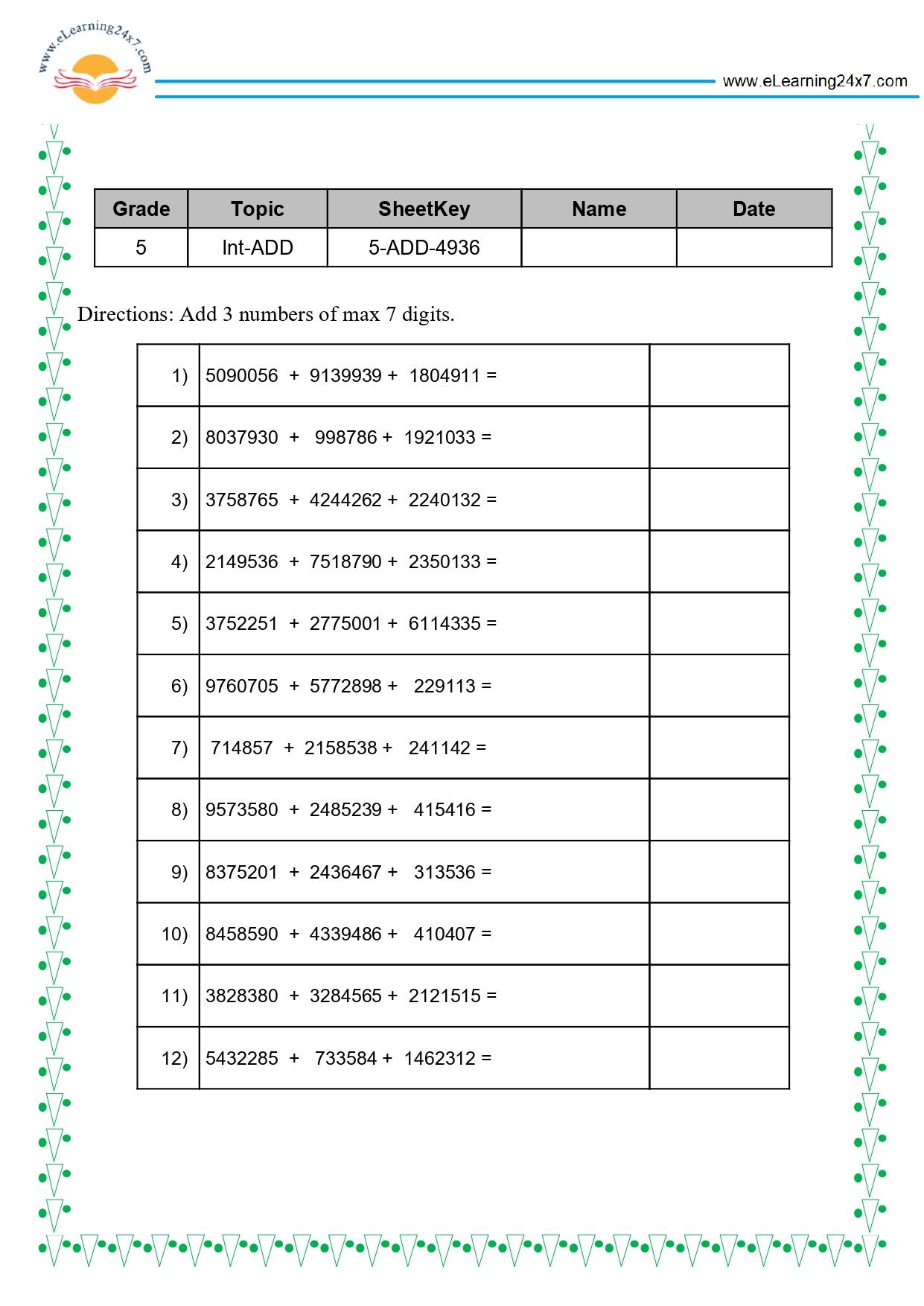 Grade 5 Addition of 3 7-digits Numbers without carry