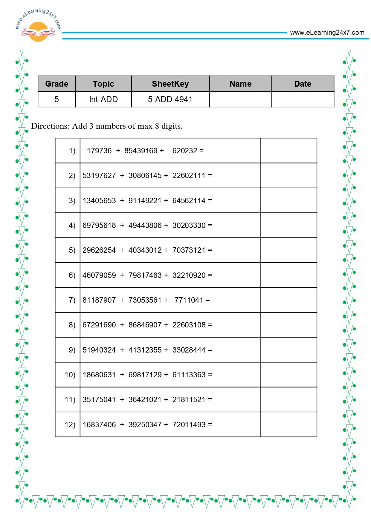 Grade 5 Addition of 3 8-digits Numbers with carry