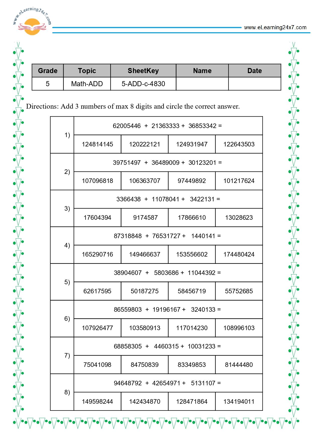 Grade 5 Addition of 3 8-digits Numbers MCQ with carrying