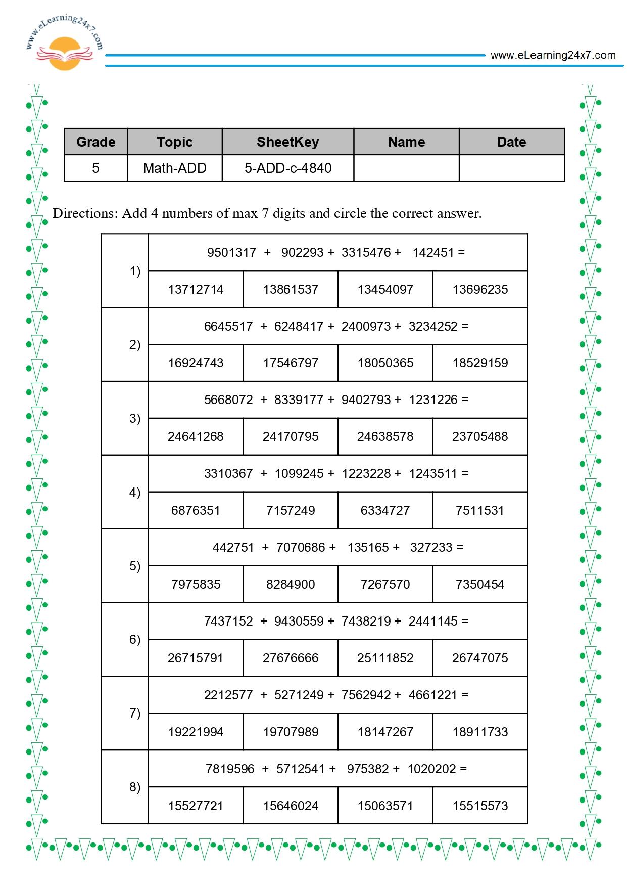 Grade 5 Addition of 4 7-digits Numbers MCQ with carrying operation