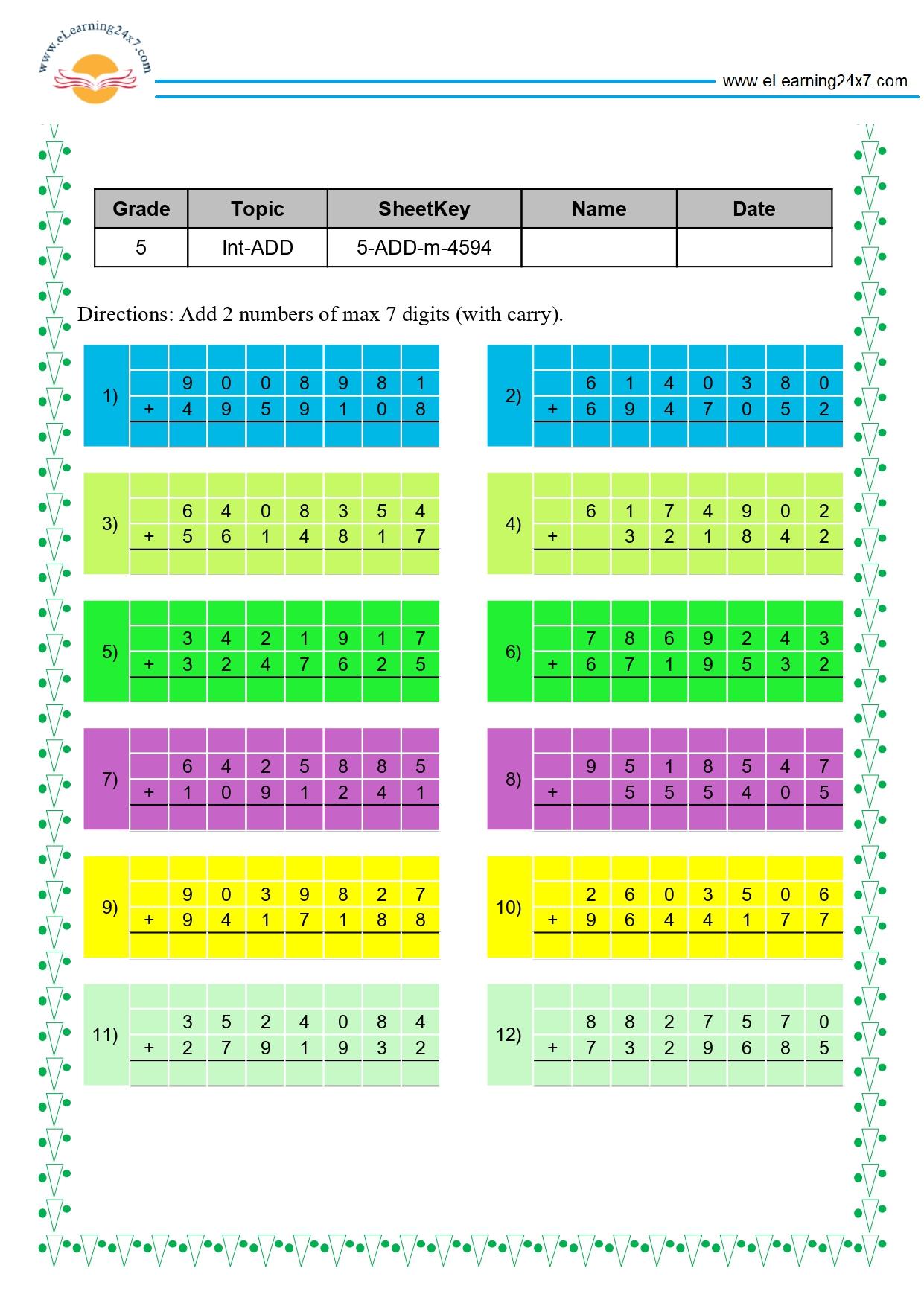 Grade 5 Addition of Two 7-digits Numbers in Multiline With Carry