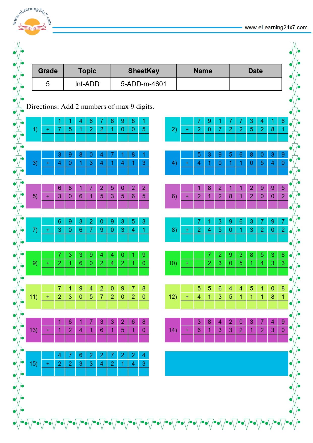 Grade 5 Addition of Two 9-digits Numbers in Multiline