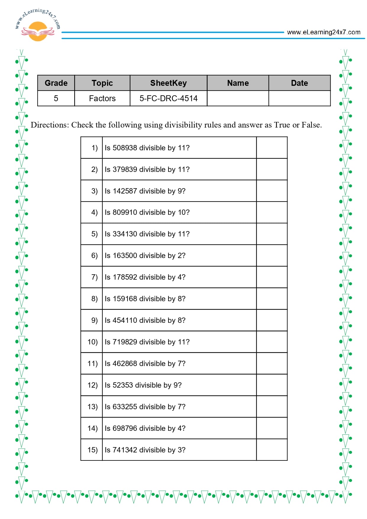 Grade 5 Factors Divisibility Rules