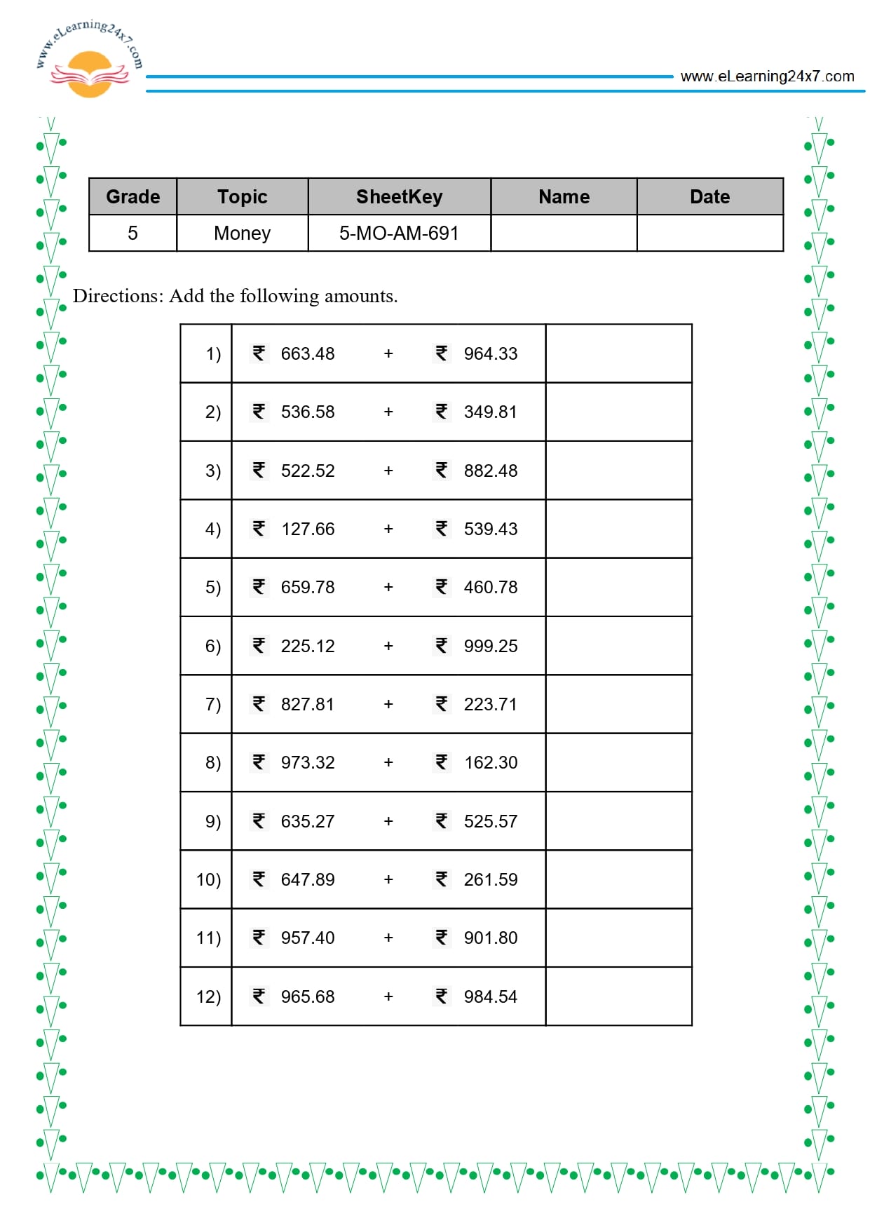 Grade 5 Money Addition
