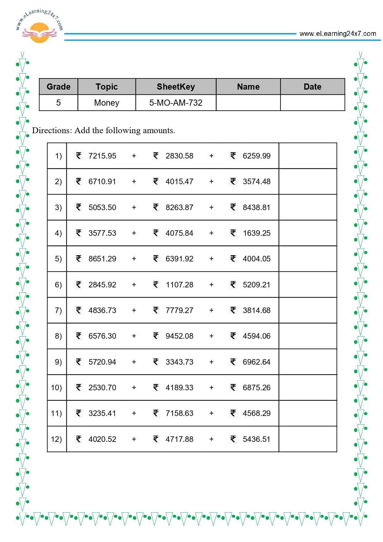 Grade 5 Money Addition