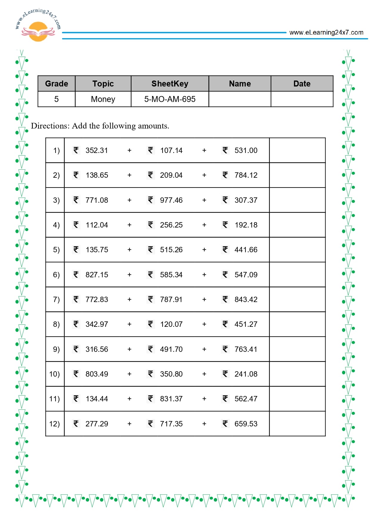 Grade 5 Money Addition