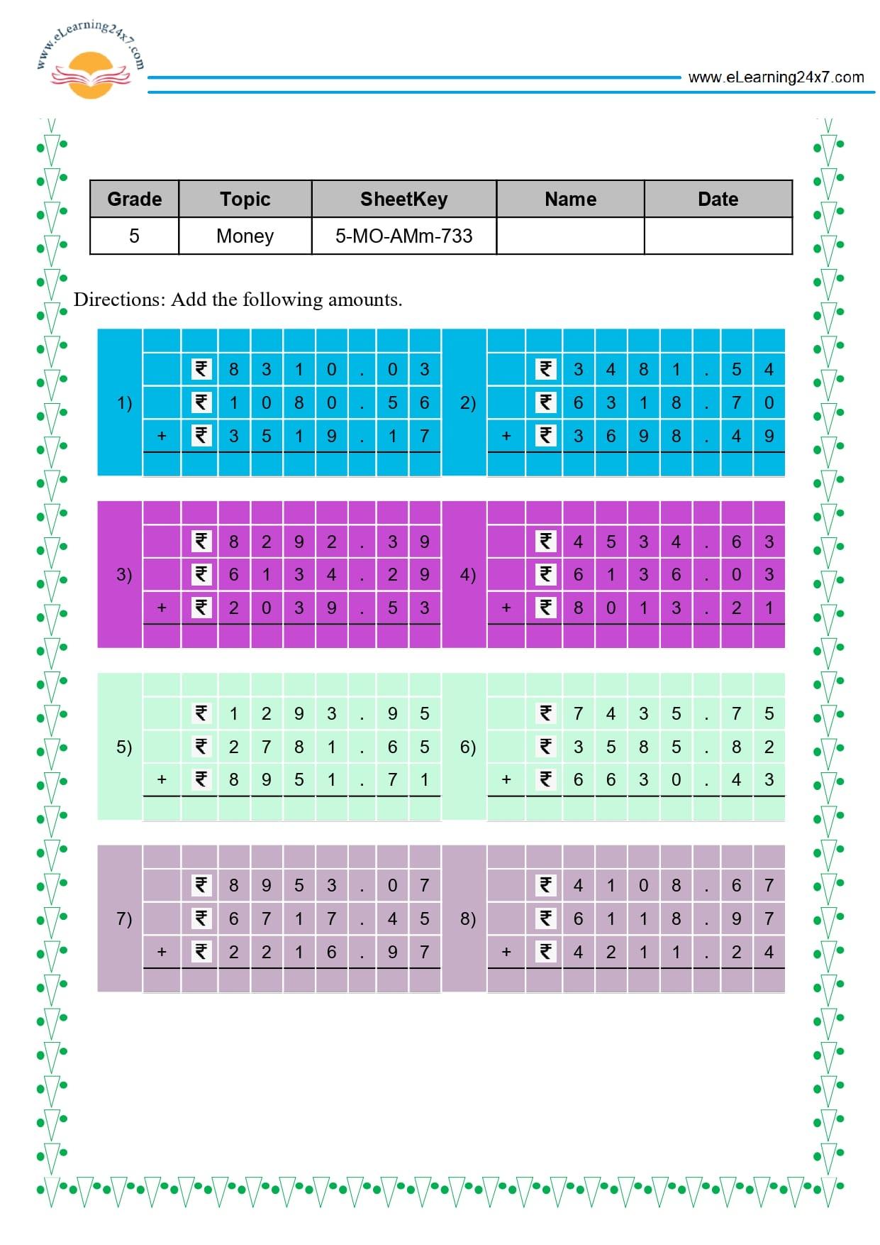 Grade 5 Money Addition