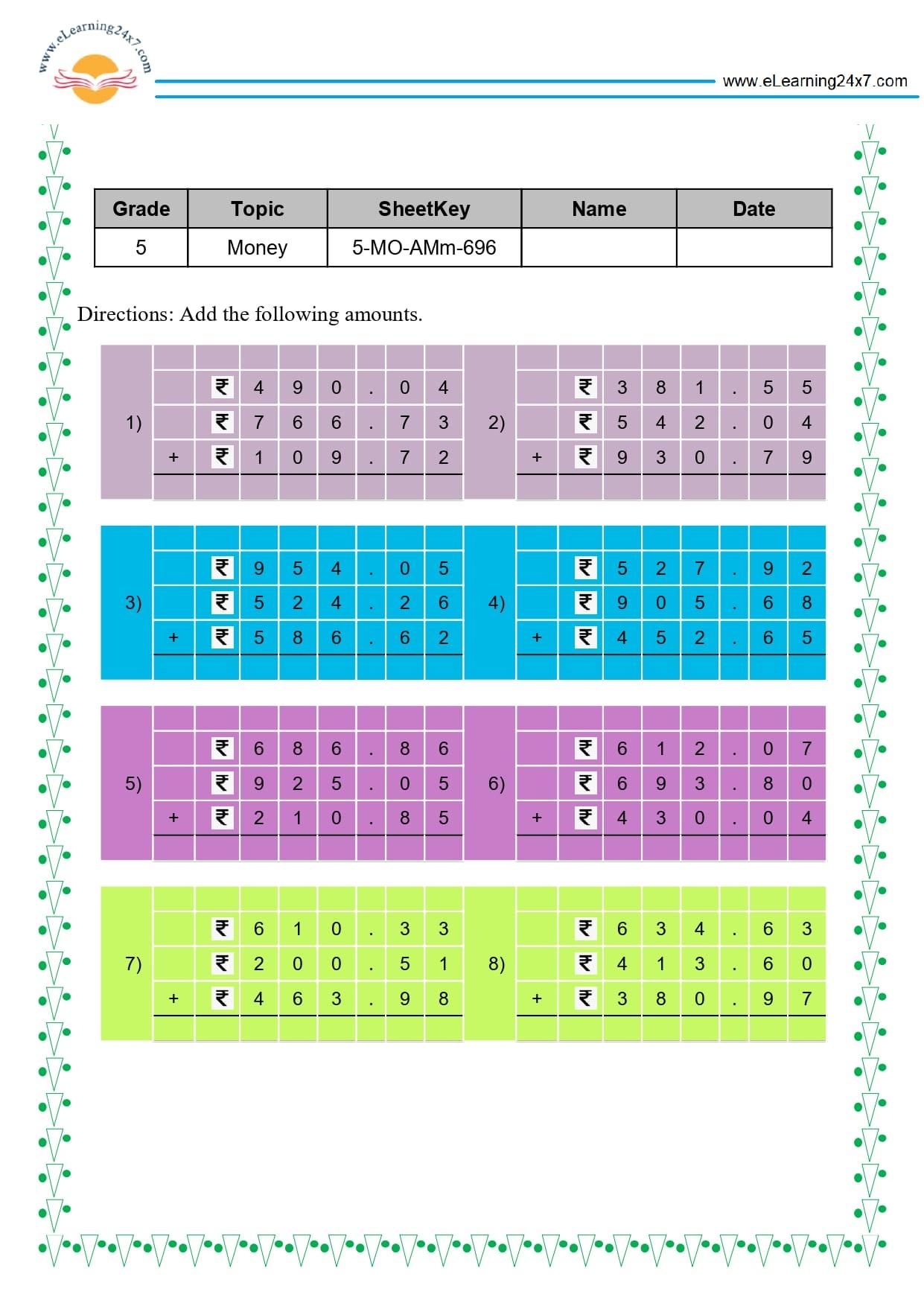 Grade 5 Money Addition
