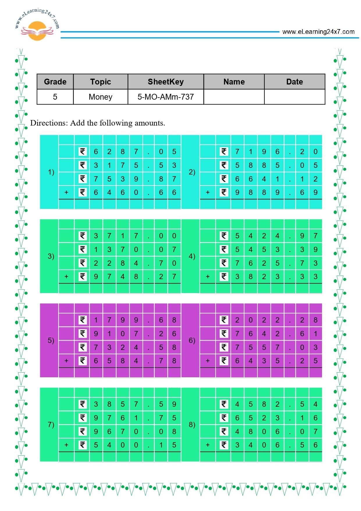 Grade 5 Money Addition