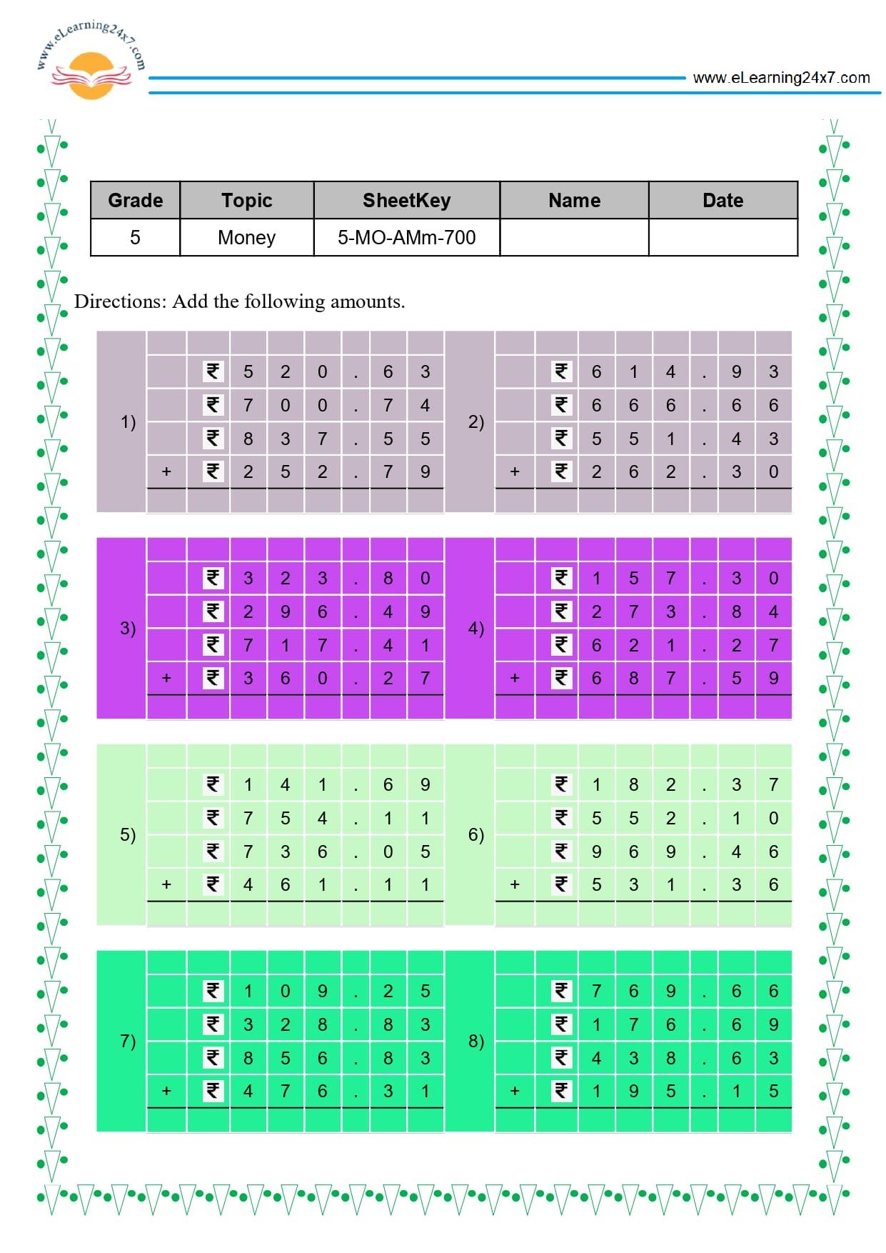 Grade 5 Money Addition