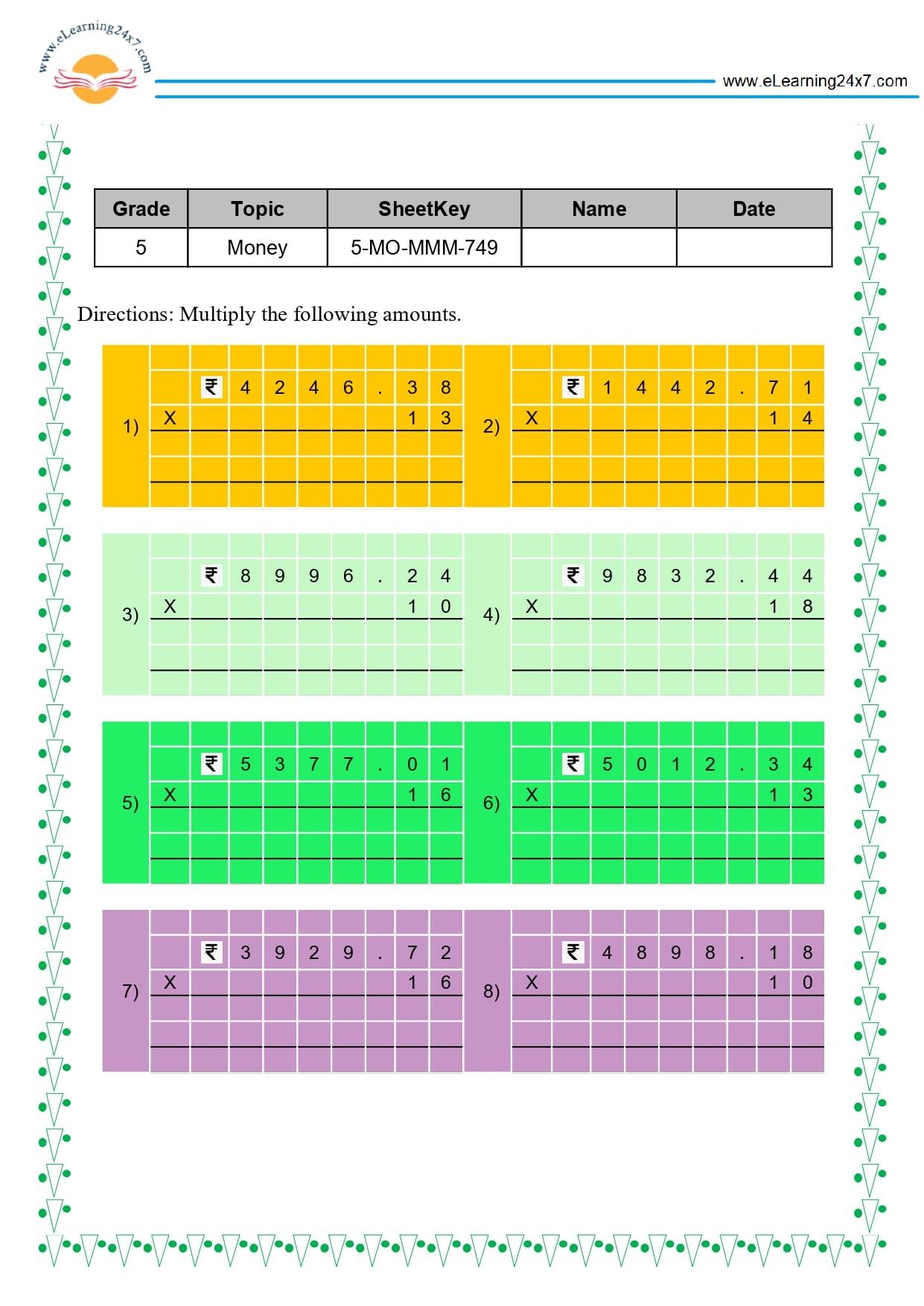 Grade 5 Money Multiplication