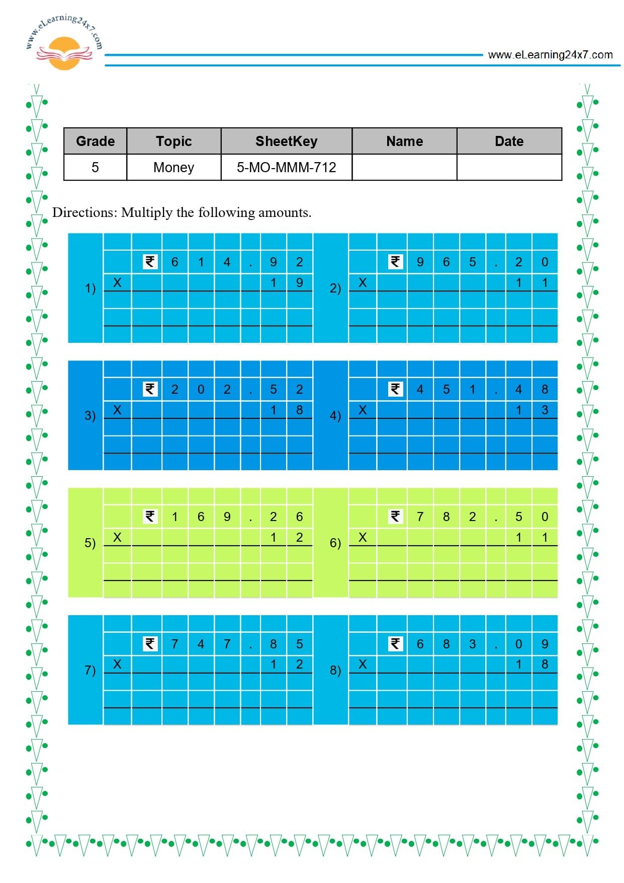 Grade 5 Money Multiplication
