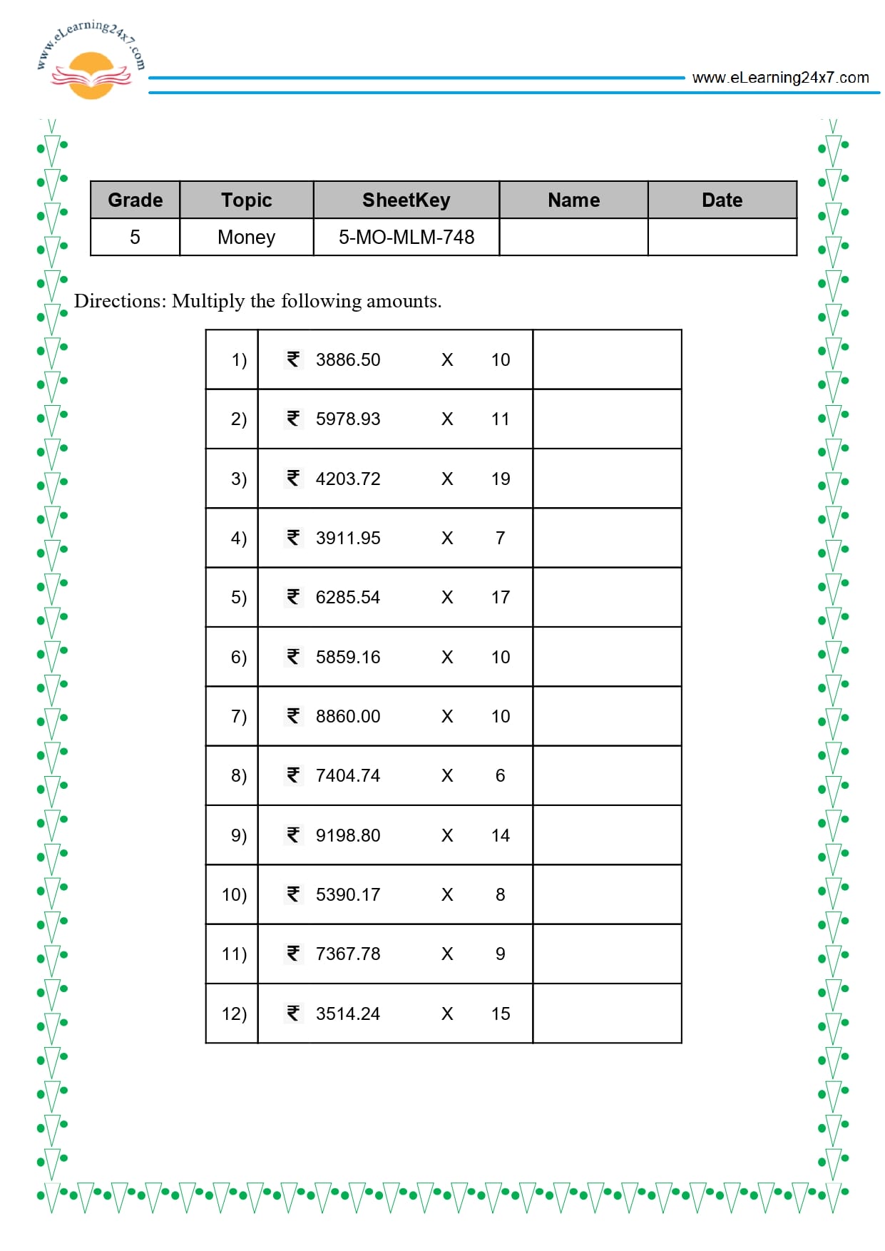 Grade 5 Money Multiplication
