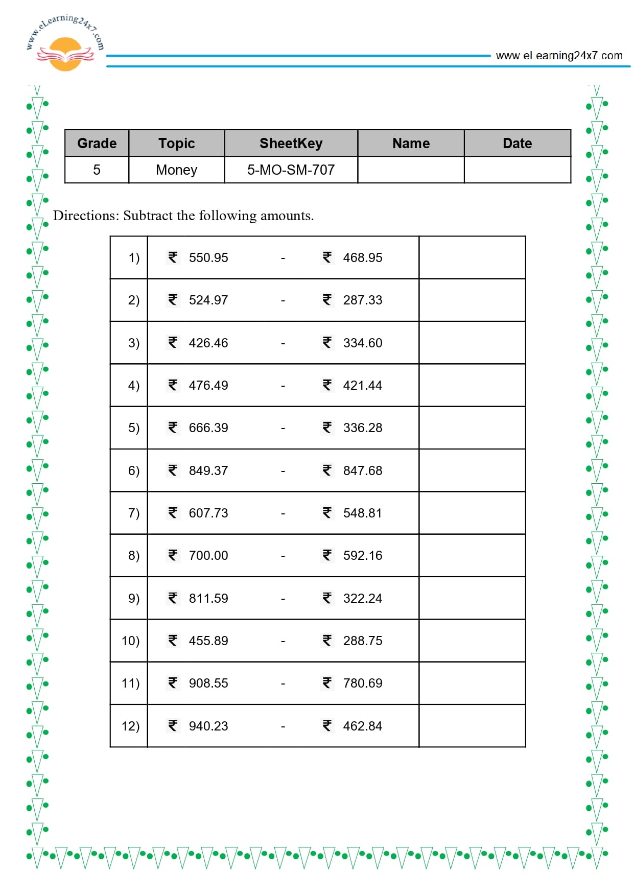 Grade 5 Money Subtraction