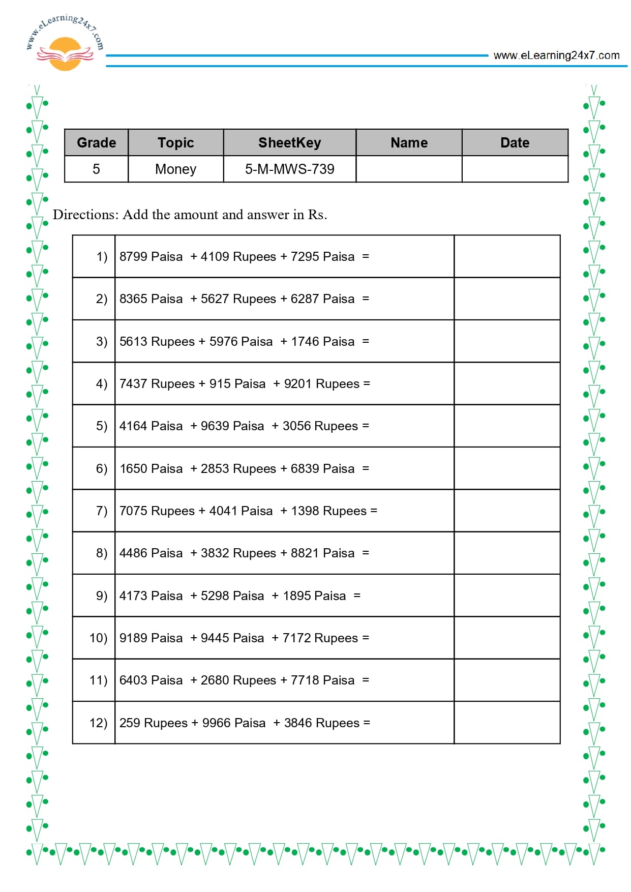Grade 5 Money Conversion Sums