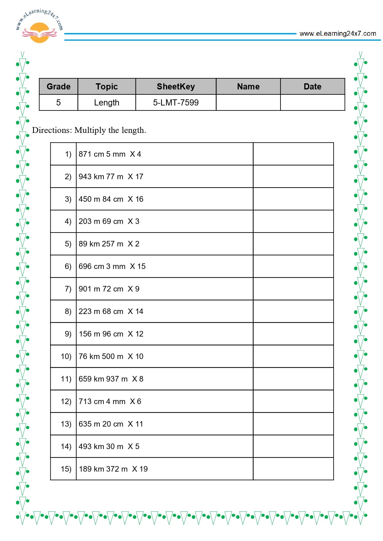 Grade 5 Length Multiplication