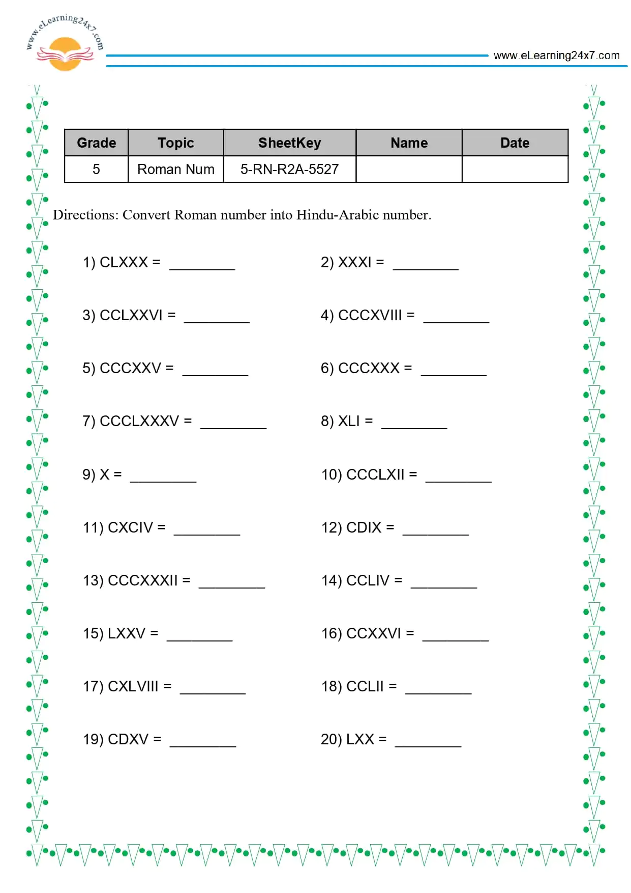 Grade 5 Roman Numbers