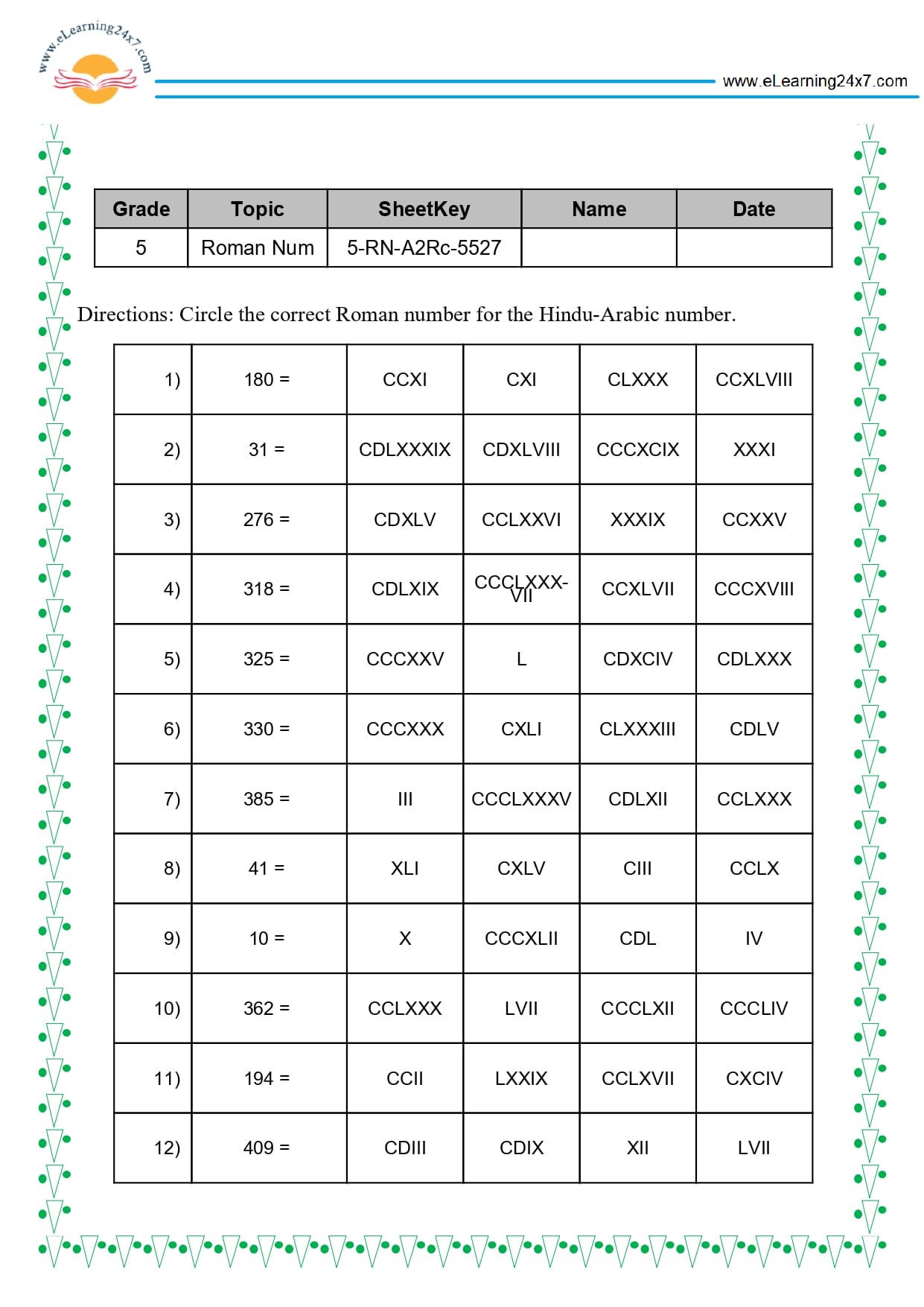 Grade 5 Roman Numbers