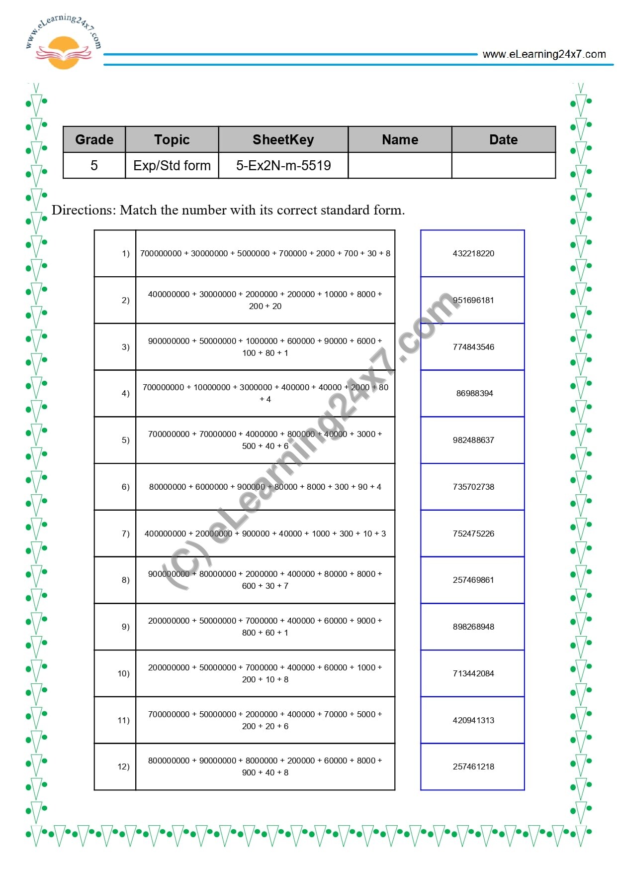 Match With Standard Form Of Numbers