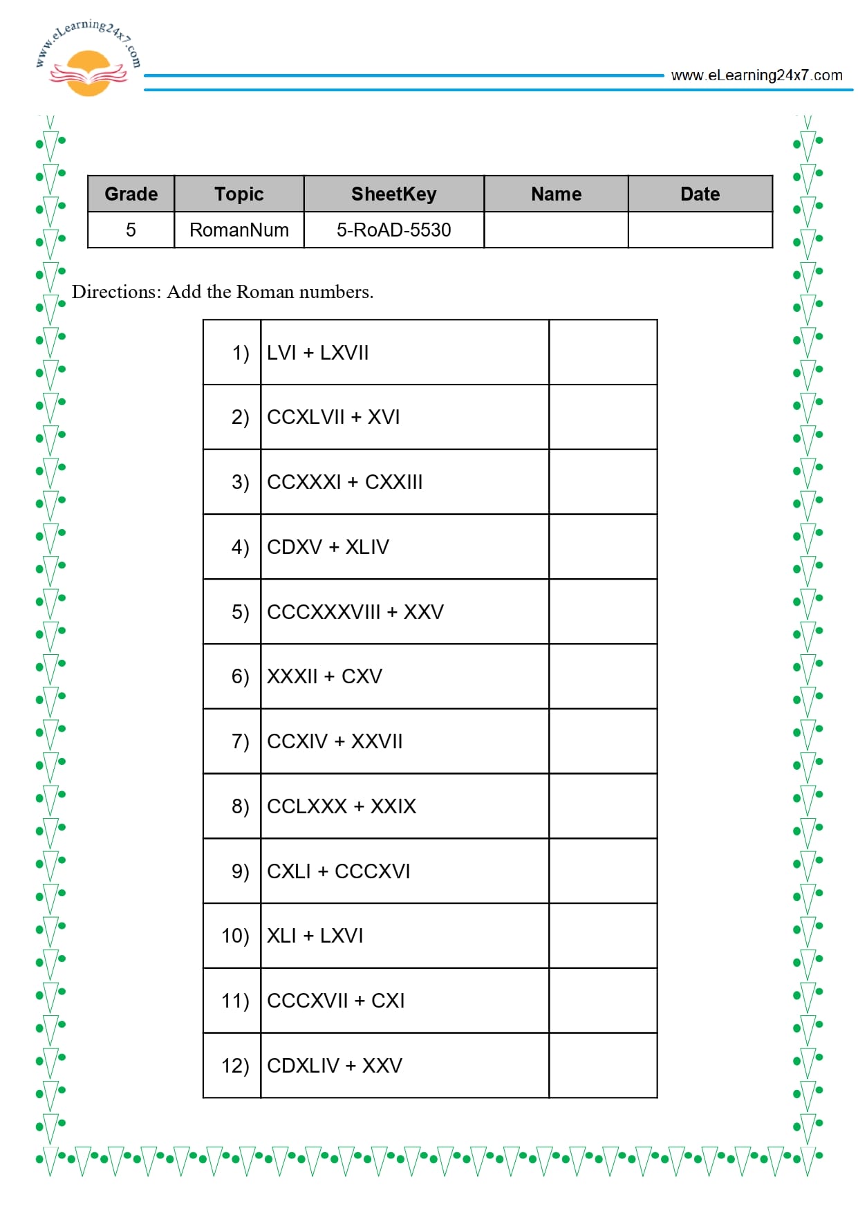 Grade 5 Roman Numbers Addition