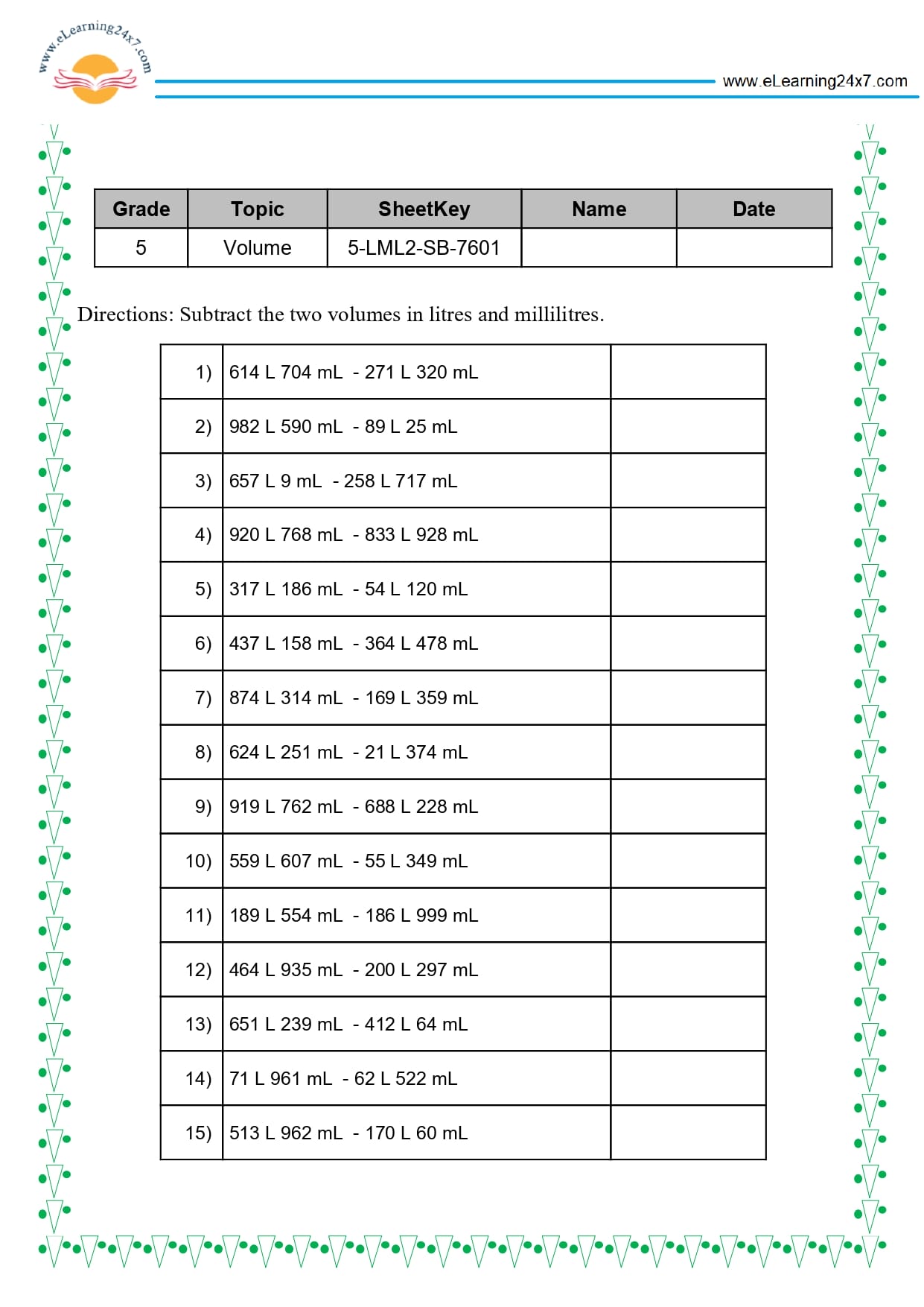 Grade 5 Volume Subtraction