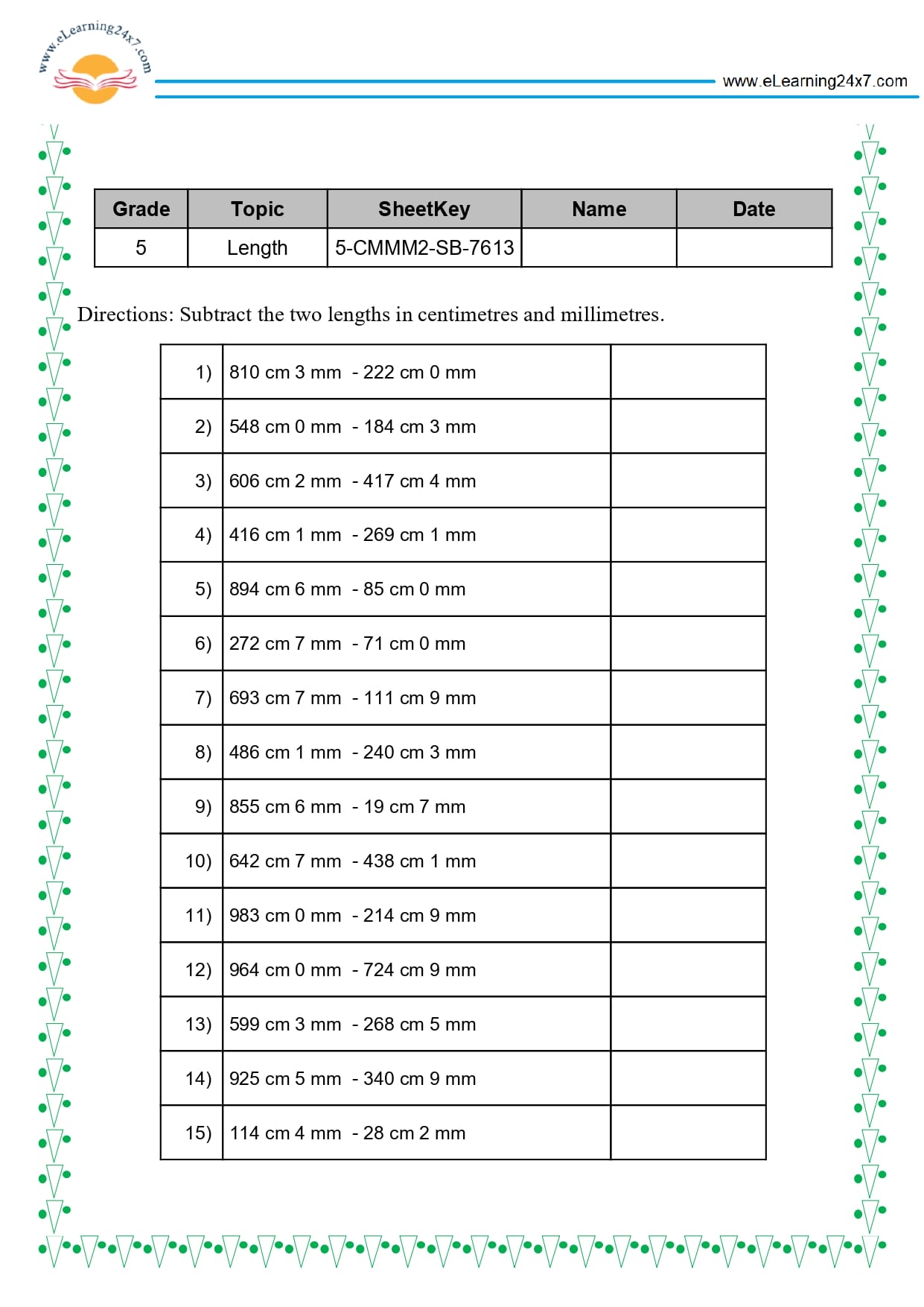 Grade 5 Length Subtraction