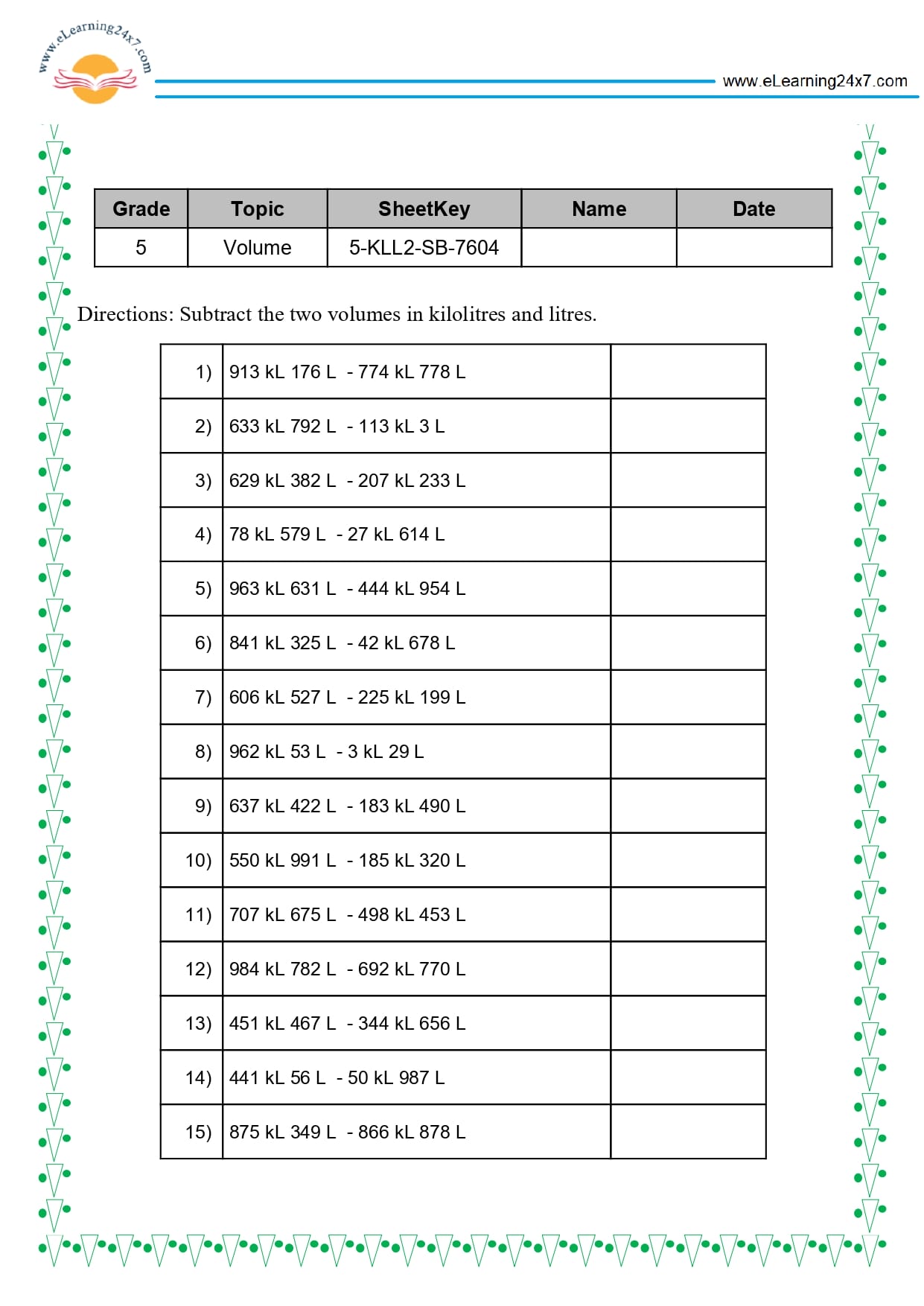 Grade 5 Volume Subtraction