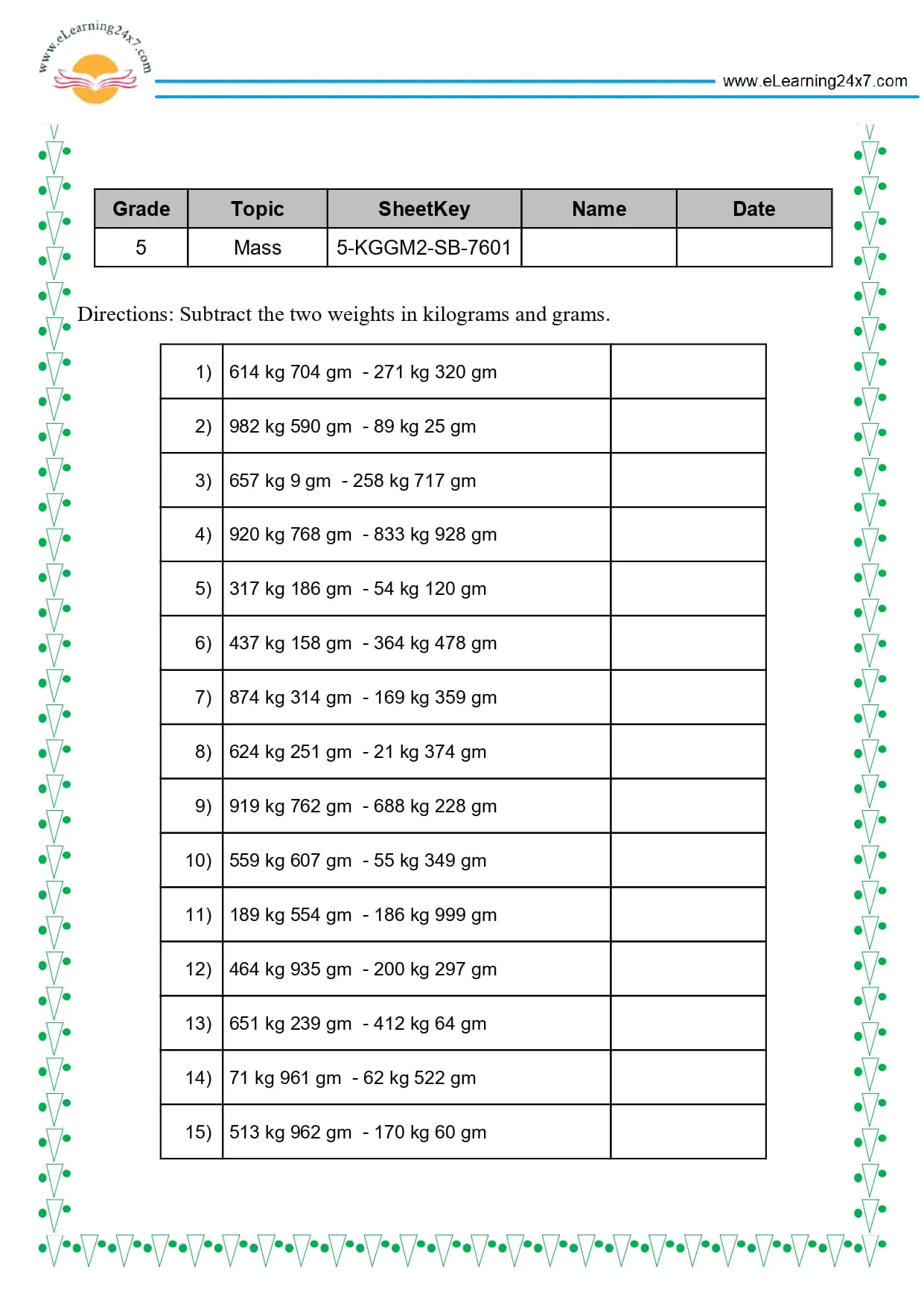Grade 5 Weight Subtraction