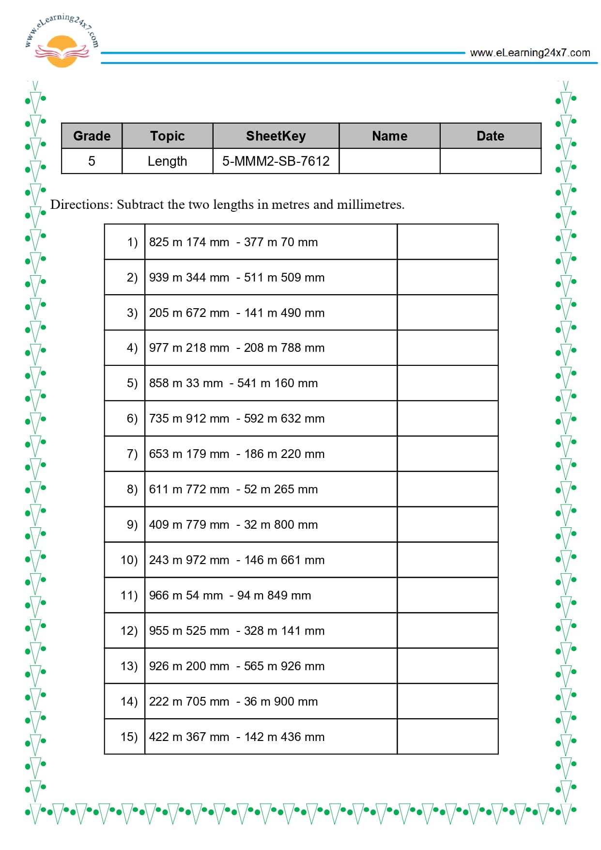 Grade 5 Length Subtraction