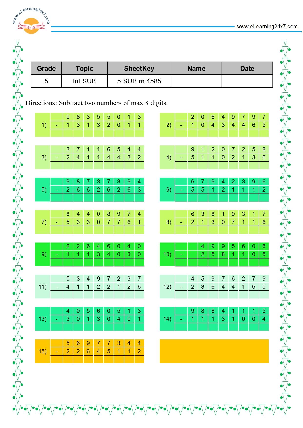 Grade 5 Subtract 8-digit Numbers in Multiline