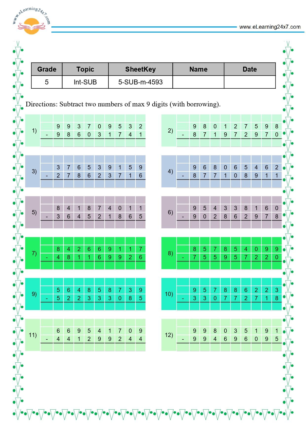 Grade 5 Subtract 9-digit Numbers in Multiline