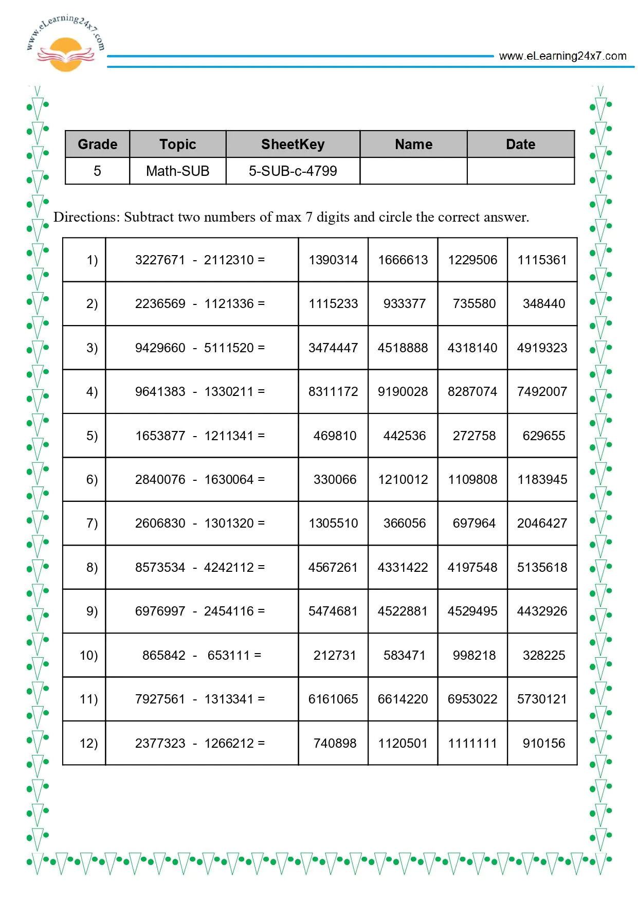 Grade 5 Subtract 7-digit Numbers MCQ