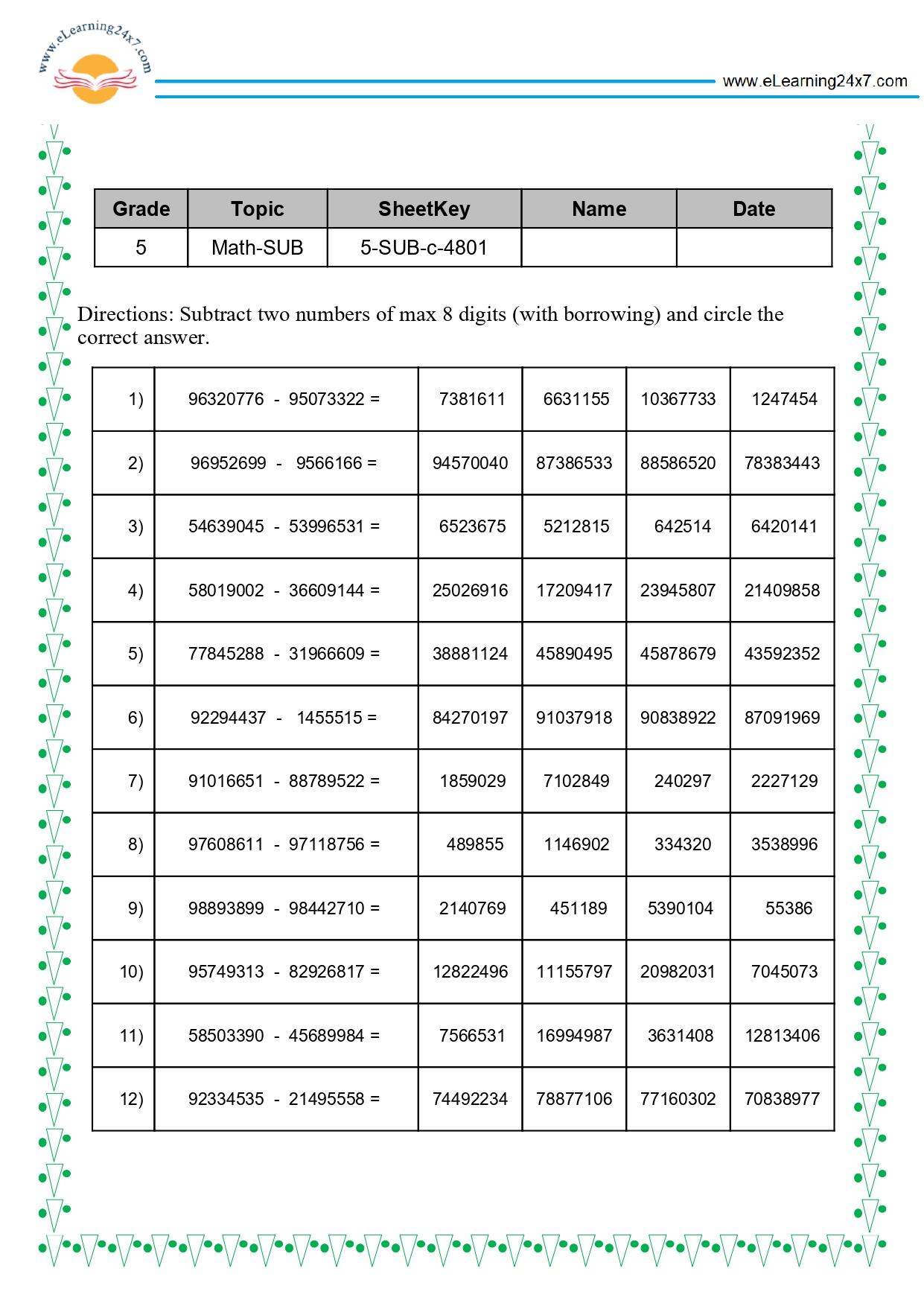 Grade 5 Subtract 8-digit Numbers MCQ