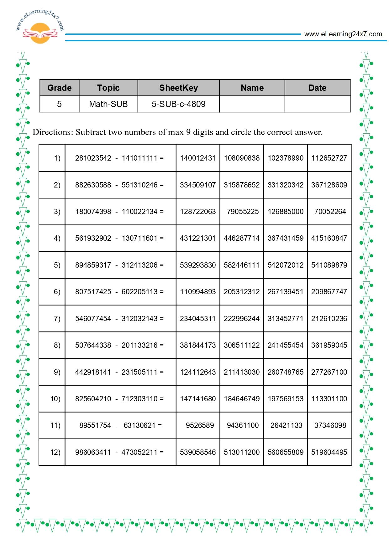Grade 5 Subtract 9-digit Numbers MCQ