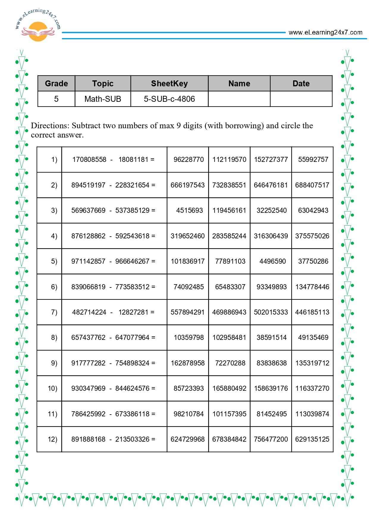 Grade 5 Subtract 9-digit Numbers MCQ With Borrowing