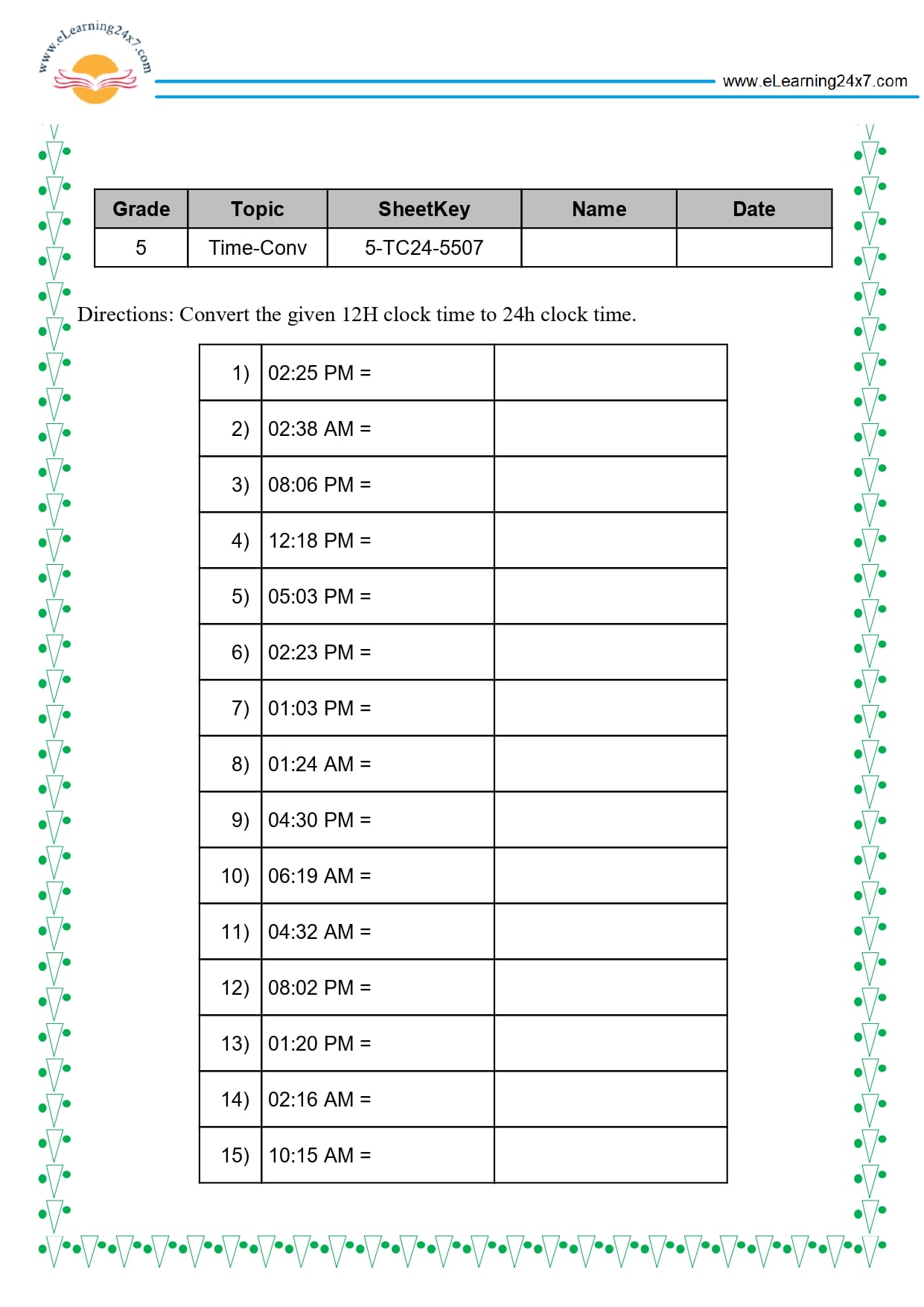 Grade 5 Time Conversion to 24 Hour Format