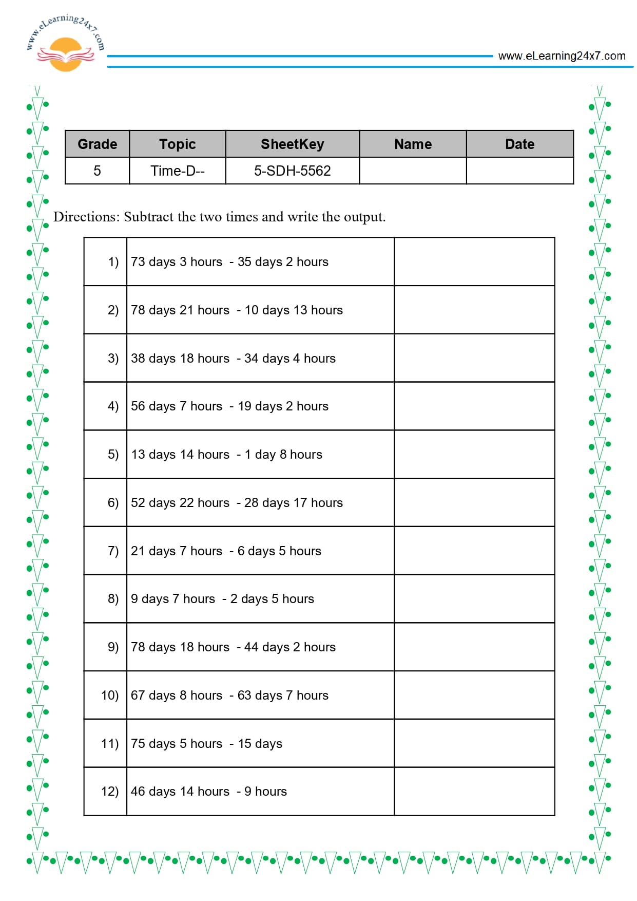 Grade 5 Time Subtraction